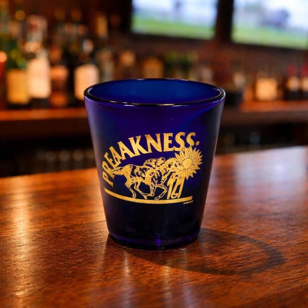 Vintage Preakness Stakes 121st Running Blue Gold Horse Racing Shot Glass